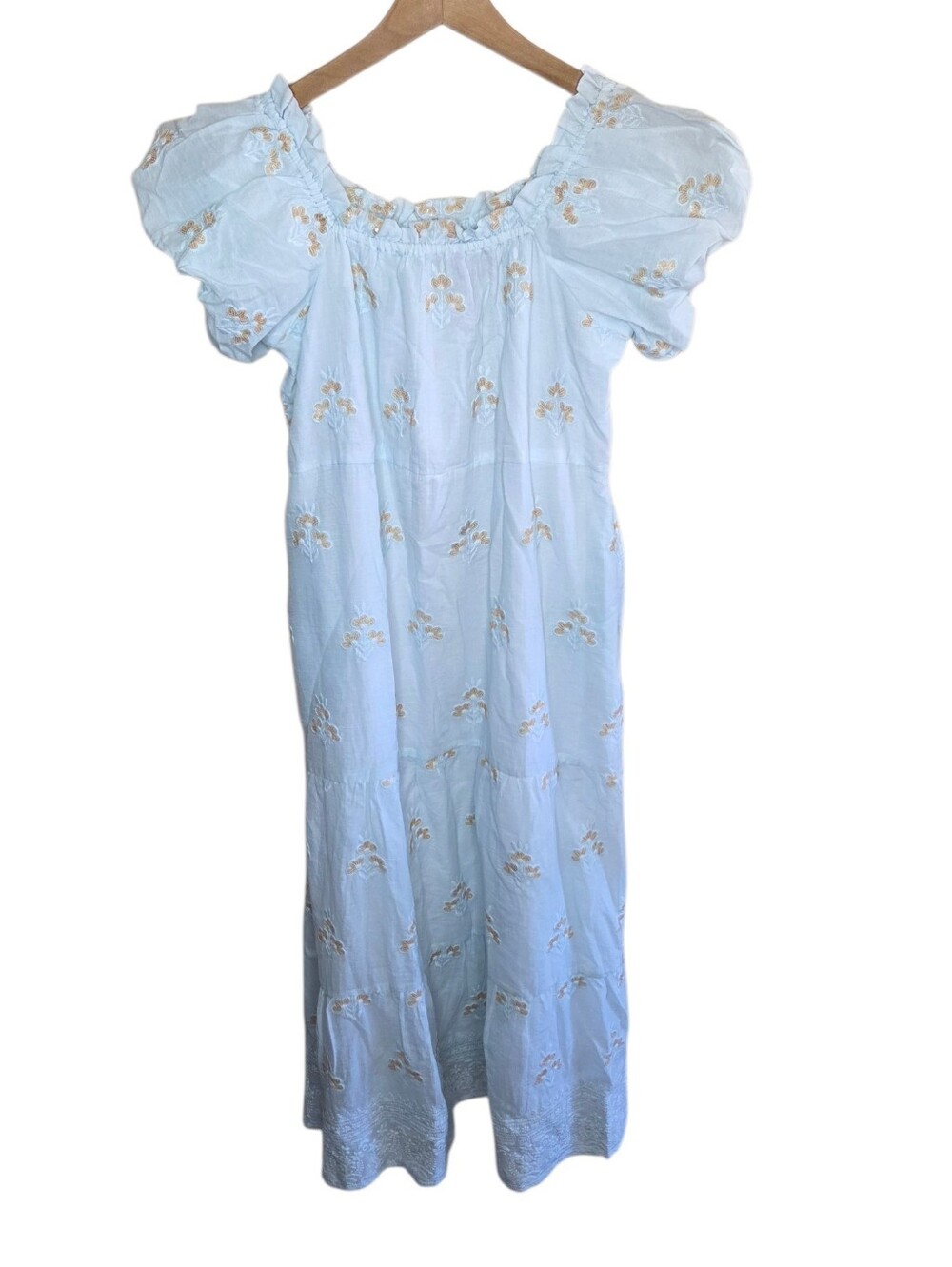 Clara The Label Icy Blue Golden Yellow Floral Midi Dress Puff Sleeve Size Small